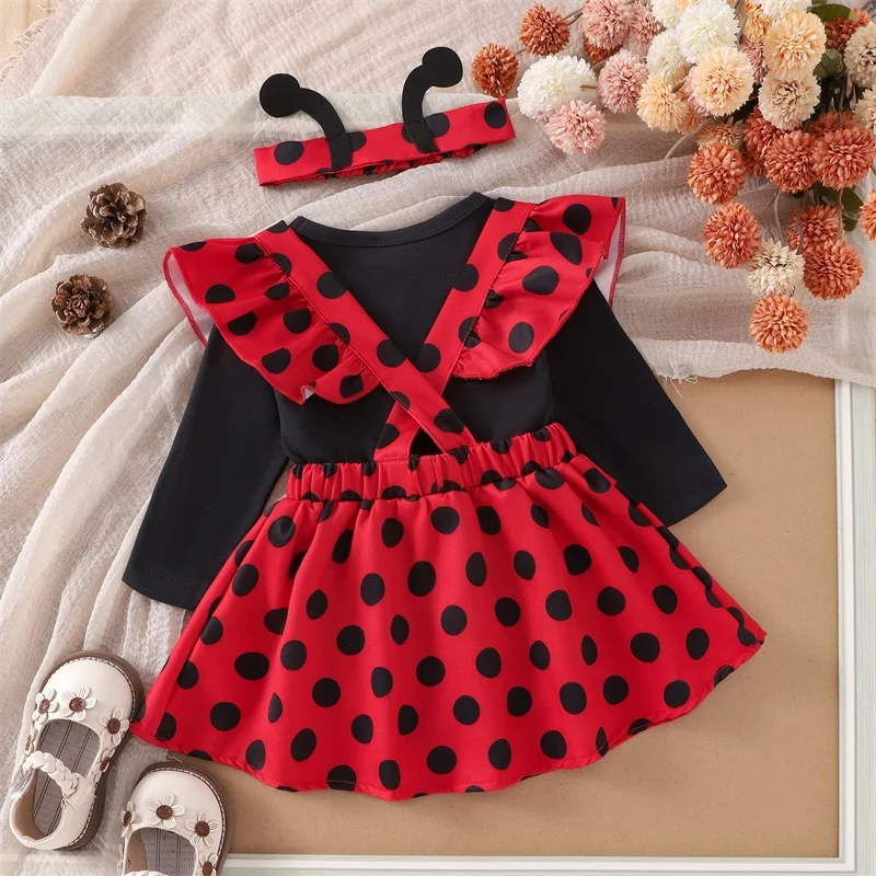 Baby Girls Flying Sleeve Romper Bee/Beetle Embroidery Suspender Dress Headband Sets Newborn Autumn Clothes