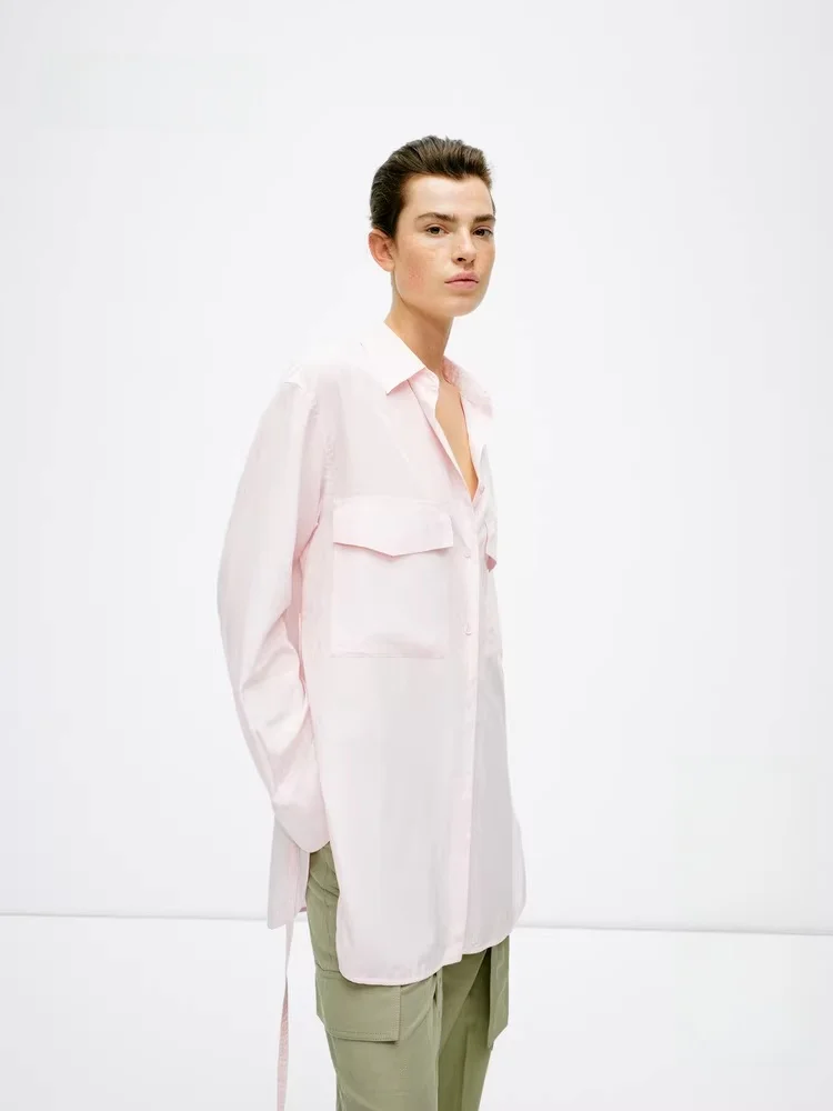 

Women's Summer New Long Silk Cotton Shirt with Belt Workwear Style Edition EBD2SHT001 Fashionable Casual Pure Color Top