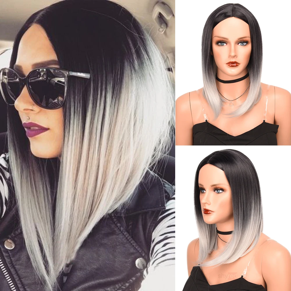 Ombre Grey Synthetic Wig with Dark Roots Short Bob Wigs for Women Black to Grey Wine Bob Ombre Wig Heat Resistant