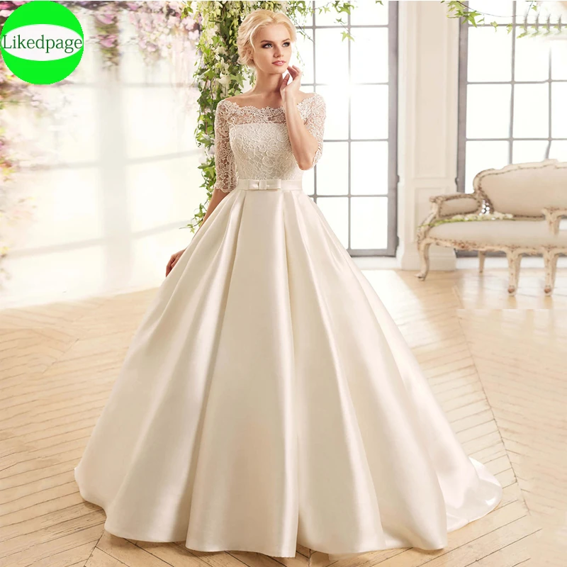 Elegant Lace Wedding Dresses For Women 2023 Half Sleevess Bride With Belt Bow Vestidos  De Novia Boda Suknia Ślubna Robe Mariée