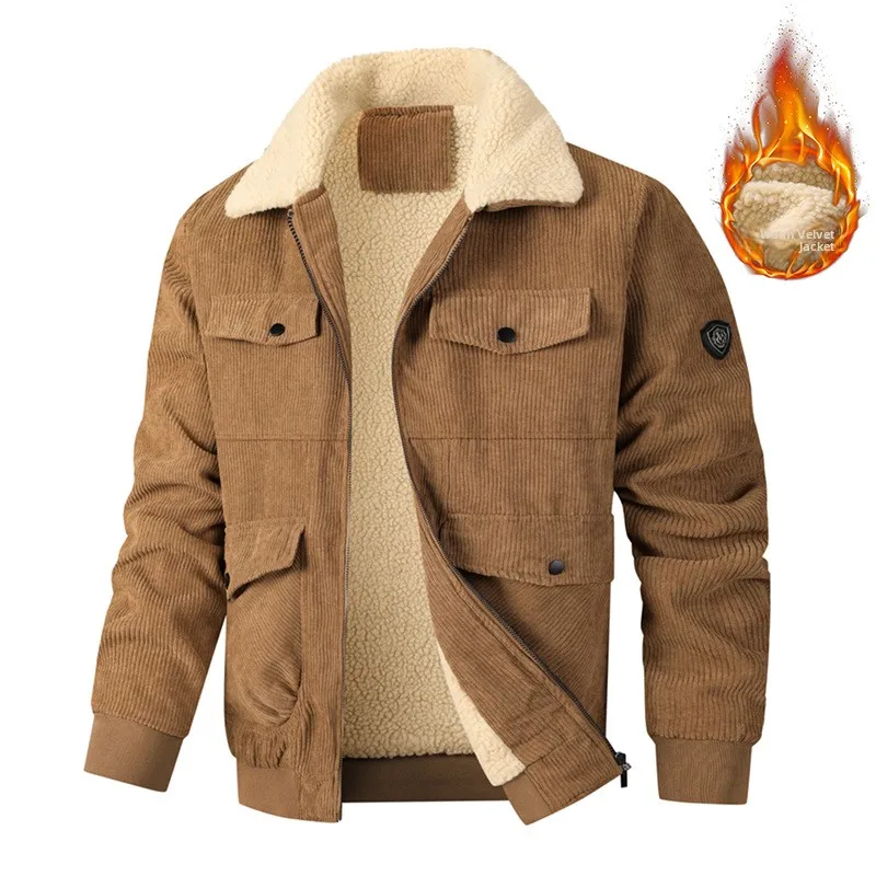 Chaqueta de pana gruesa con bolsillos, cuello de terciopelo de cordero, ropa de trabajo para otoño e invierno, chaqueta transpirable resistente al desgaste