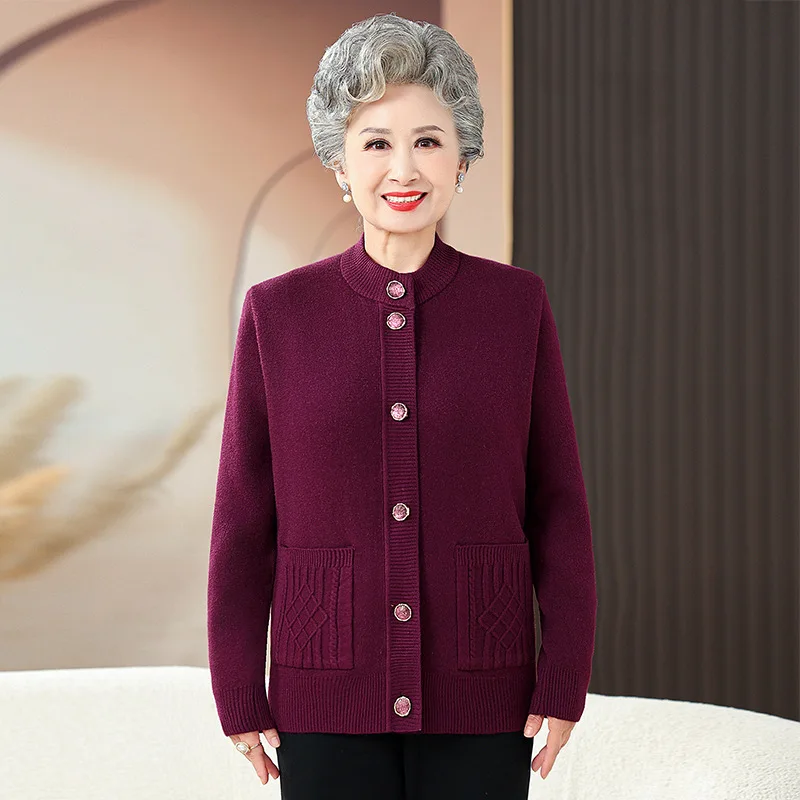 Warm Middle-Aged Elderly Mothers Sweater Cardigan Tops Autumn Winter Casual Jacket Round Neck Wool Women Knitwear Coat M-3XL