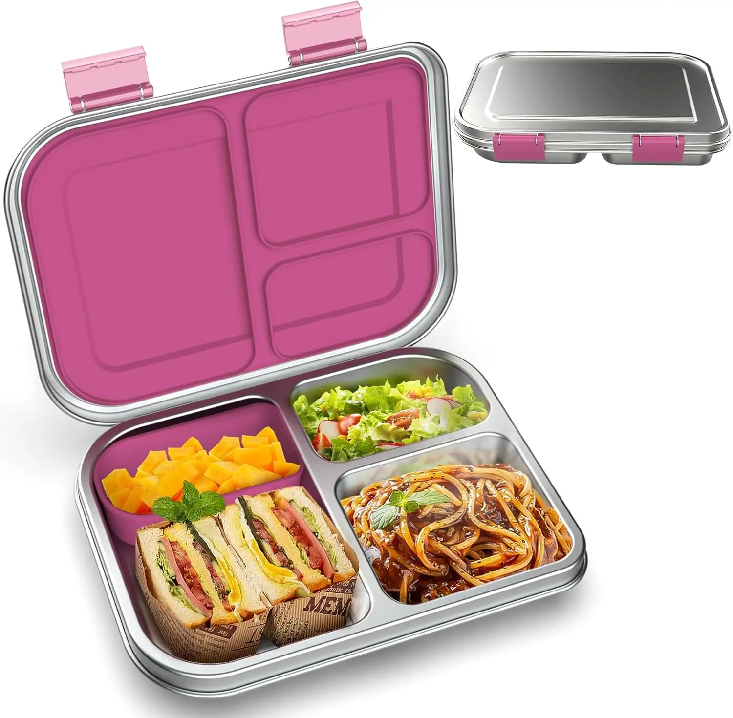 

Leak-Proof Stainless Steel Kids Bento Lunch Box, 3 Compartments with Silicone Container, Dishwasher-Safe for School & Travel