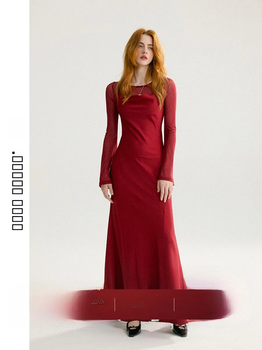 

Red Long Sve Dr Set from That Time Onward Wedding Engagement Ceremony Women's Faion Retro Sle Two-Piece Suit