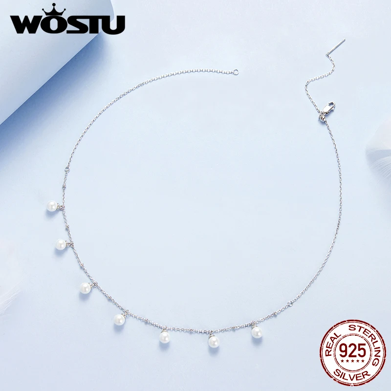 WOSTU حقيقية 925 فضة اللؤلؤ قطرة قلادة قلادة المرأة أنيقة قذيفة اللؤلؤ عيد ميلاد مجوهرات هدية لفتاة أمي