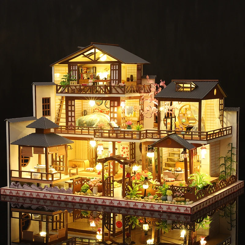DIY Holz japanische große Casa Puppenhäuser Miniaturmodellbausatz Puppenhaus Villa mit Möbelbeleuchtung für Freunde Geburtstagsgeschenke