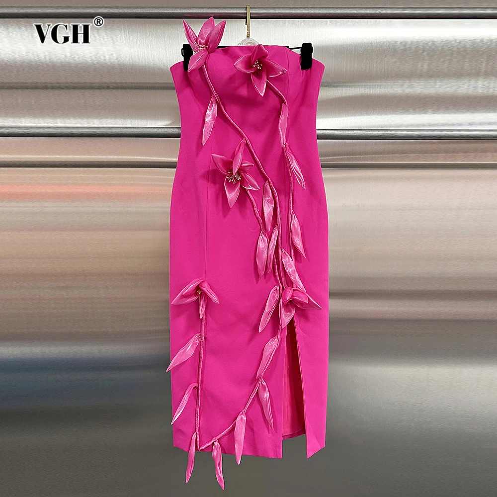

VGH Solid Spliced Appliques Split Dresses for Women Strapless Sleeveless High Waist Sexy Backless Dress Female Fashion Clothes