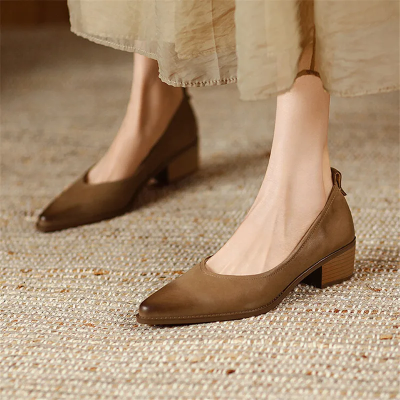 New Spring/summer Women Shoes Sheep Leather Women Pumps Pointed Toe Chunky Heel Loafers Genuine Leather Shoes for Women Handmade