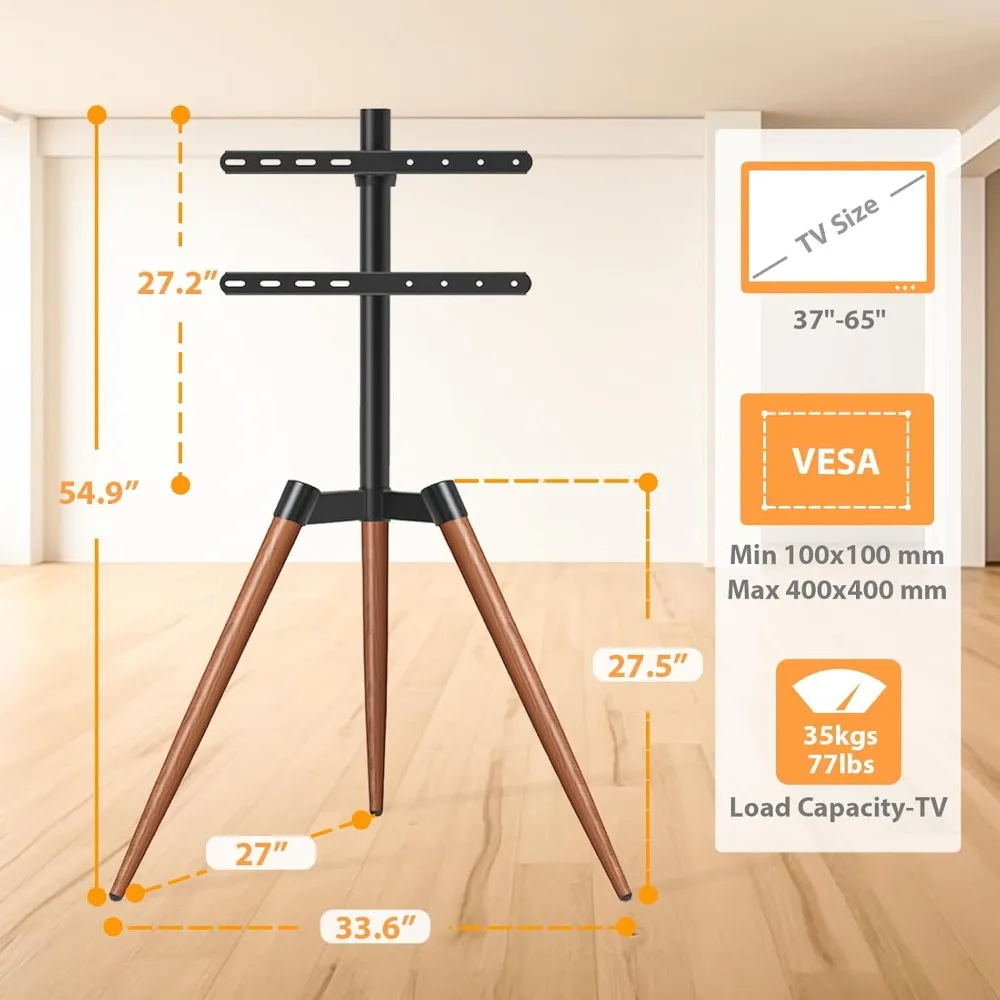 Easel TV Stand with Tripod Base for 37–65 Inch Flat/Curved Screen TVs up to 77 lbs, Height Adjustable TV Floor Stand with