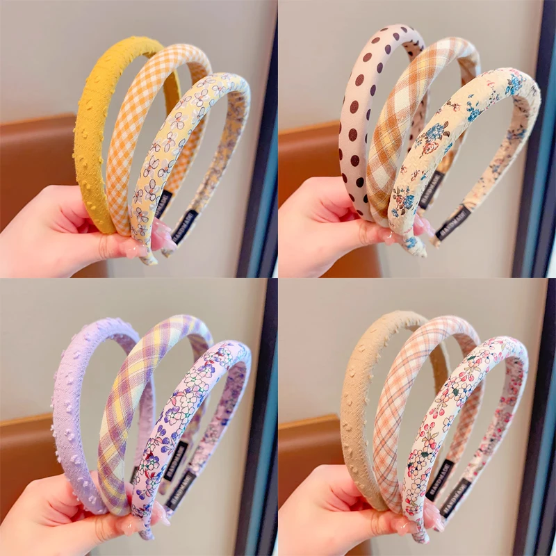 3 Pcs/Set New Women Girls Plaid Floral Colors Broadside Hairbands Sweet Children Vintage Cute Hair Hoop Kids Hair Accessories