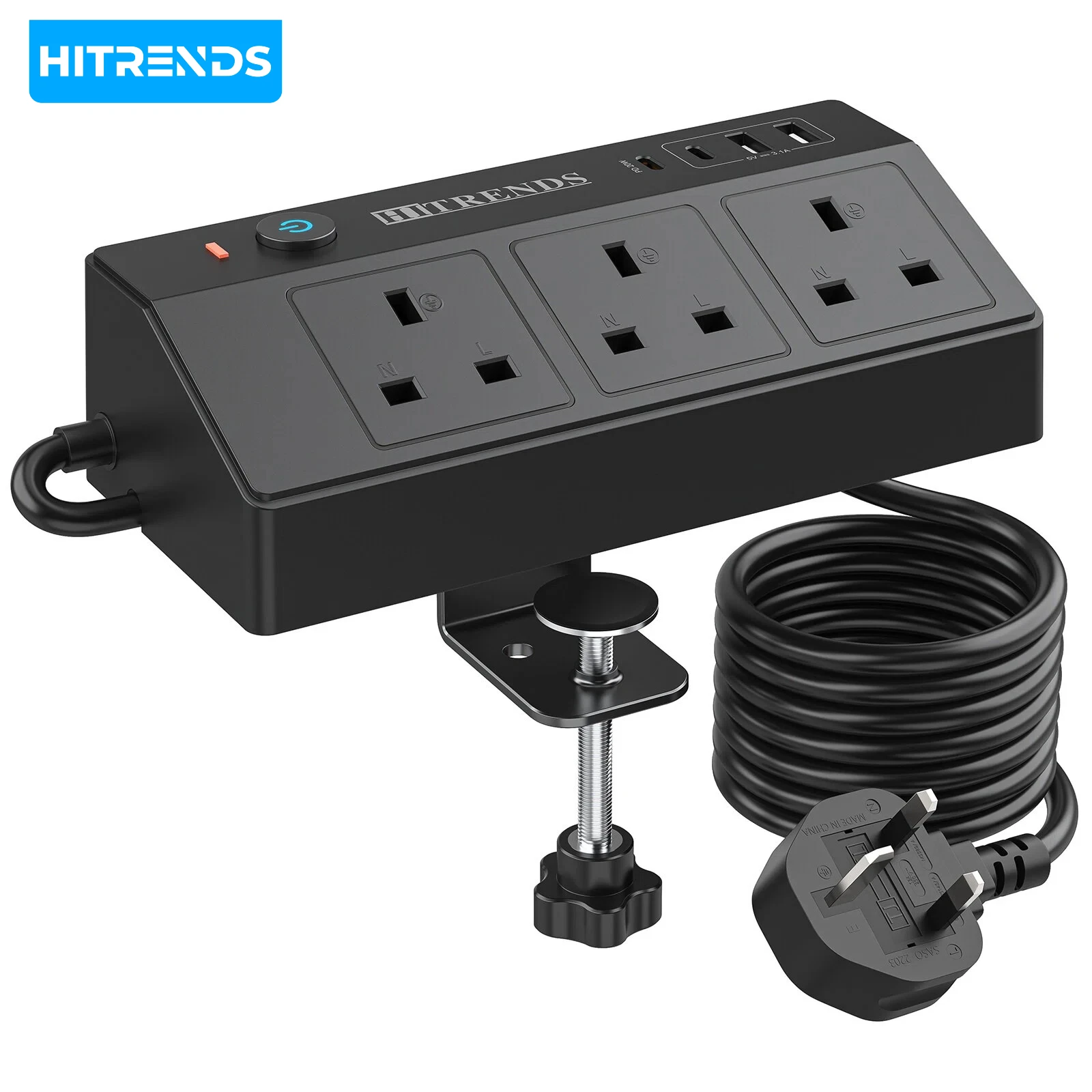 7-in-1 Desktop Wall-mounted Power Strip with Clamps  4 USB-A + 2 USB-C Fast Charging  2-meter Extension Cord  Surge Protection