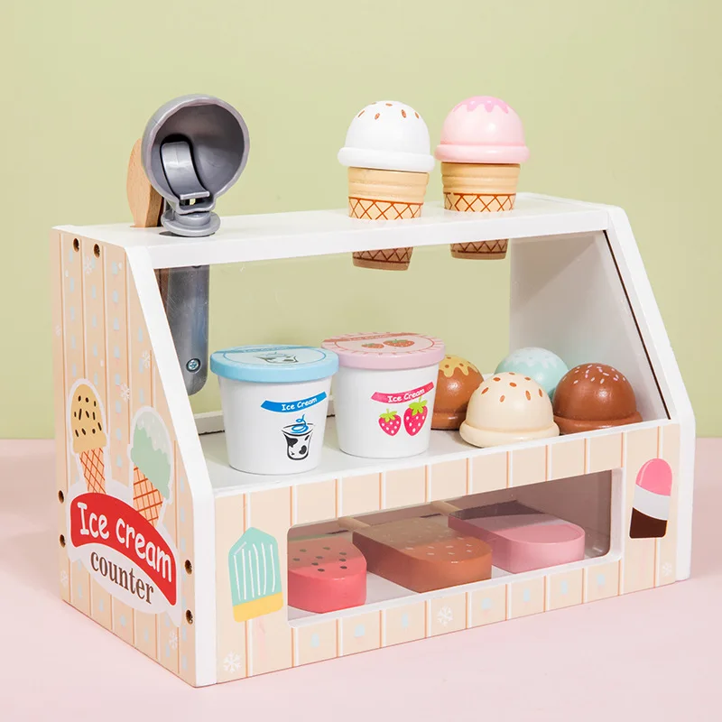 Children\'S Wooden Simulation Home Ice Cream Ice Cream Sales Shop Baby Role Play Simulation Store Educational Toys Girl Gifts