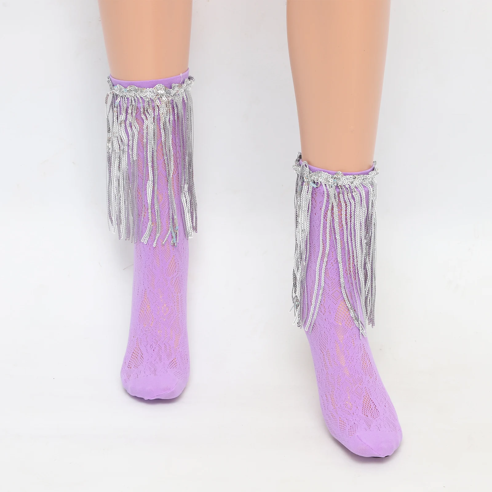 1 زوج سباركلي الترتر شرابة الجوارب النساء الرجعية بلون منتصف جوارب أنبوبية نمط جوفاء مزين تخزين زي اكسسوارات