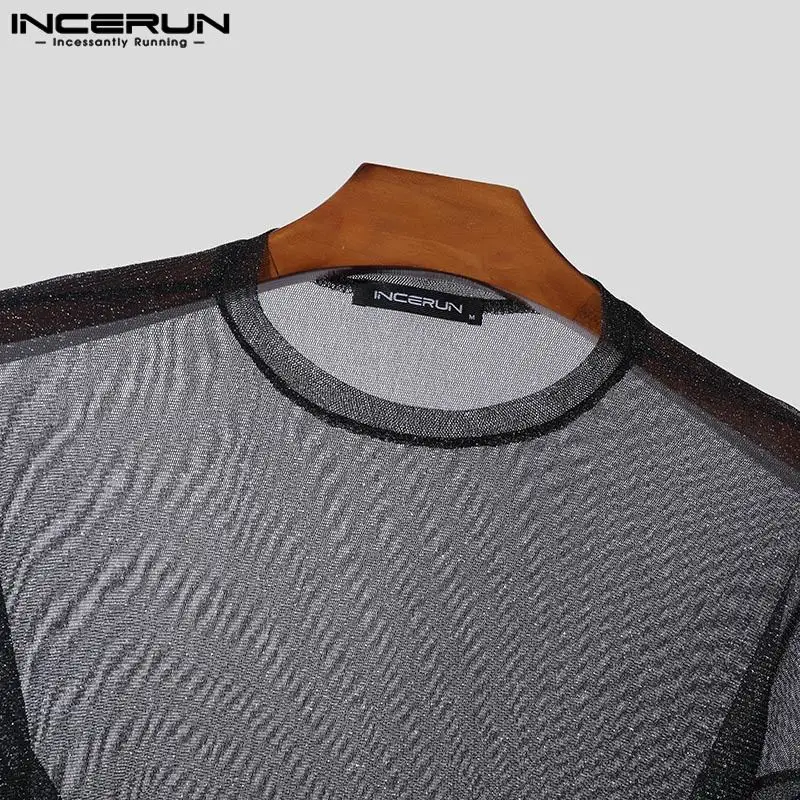 INCERUN Men T Shirt Mesh Transparent Shiny O-neck Long Sleeve Solid Sexy Camisetas Streetwear 2024 Party Fashion Men Clothing