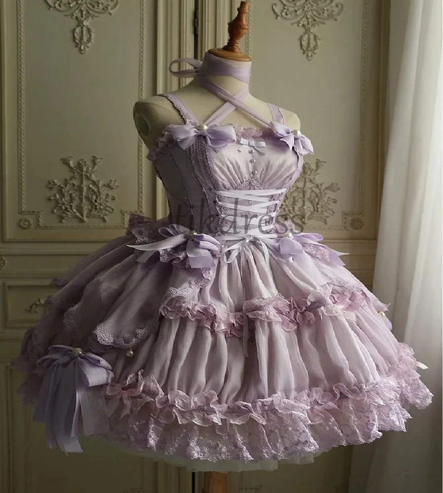 

Old School Lolita Lilac Prom Dress 2025 Cupcake Halloween Tea Party Evening Dress Lace Beaded Formal Cocktail Club Customized