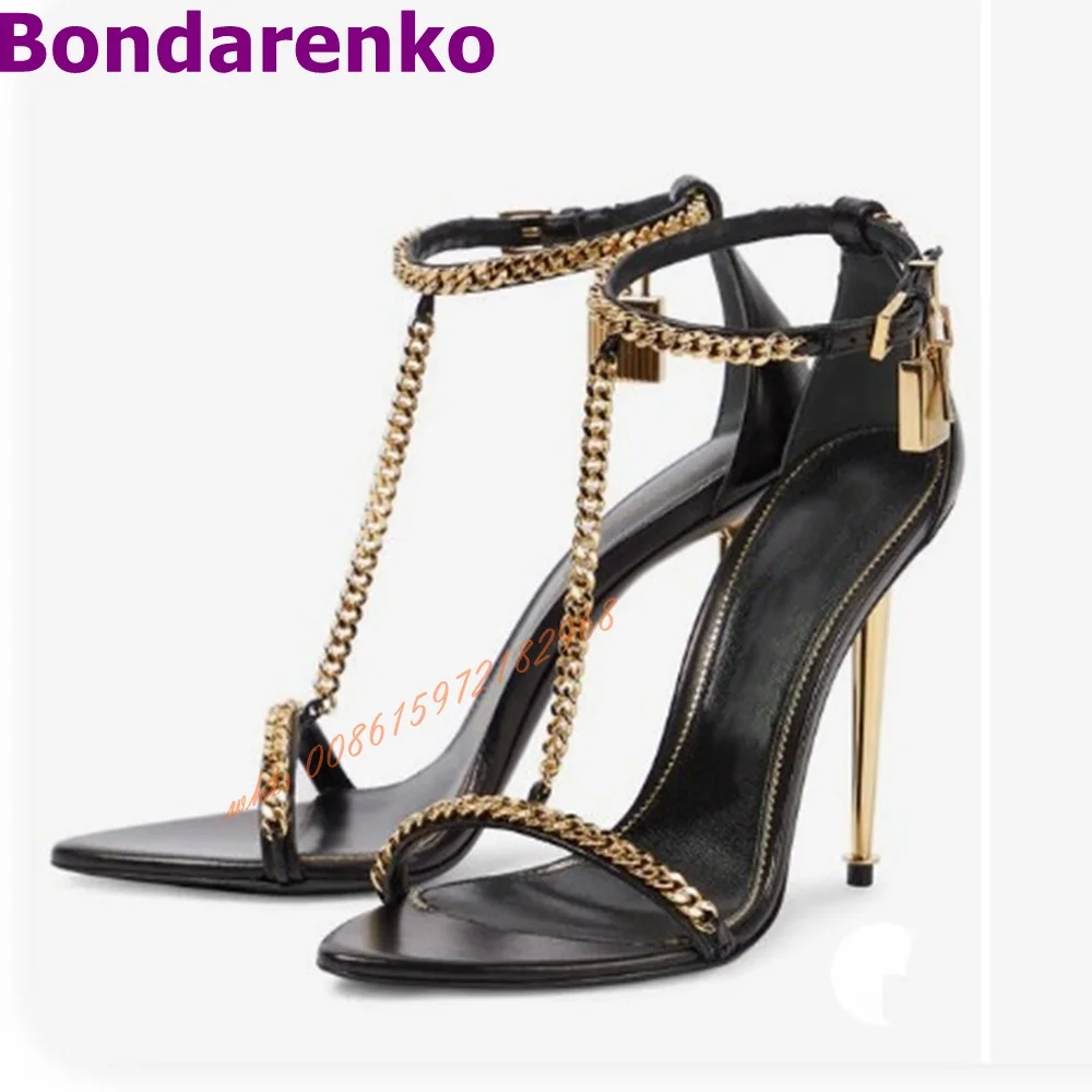 Mirror Metal Chain Sandals Women Shoes Pointed Toe Gold Stiletto Heel Sandals Ankle Buckles Lock T Straps Design Shoes Banquet