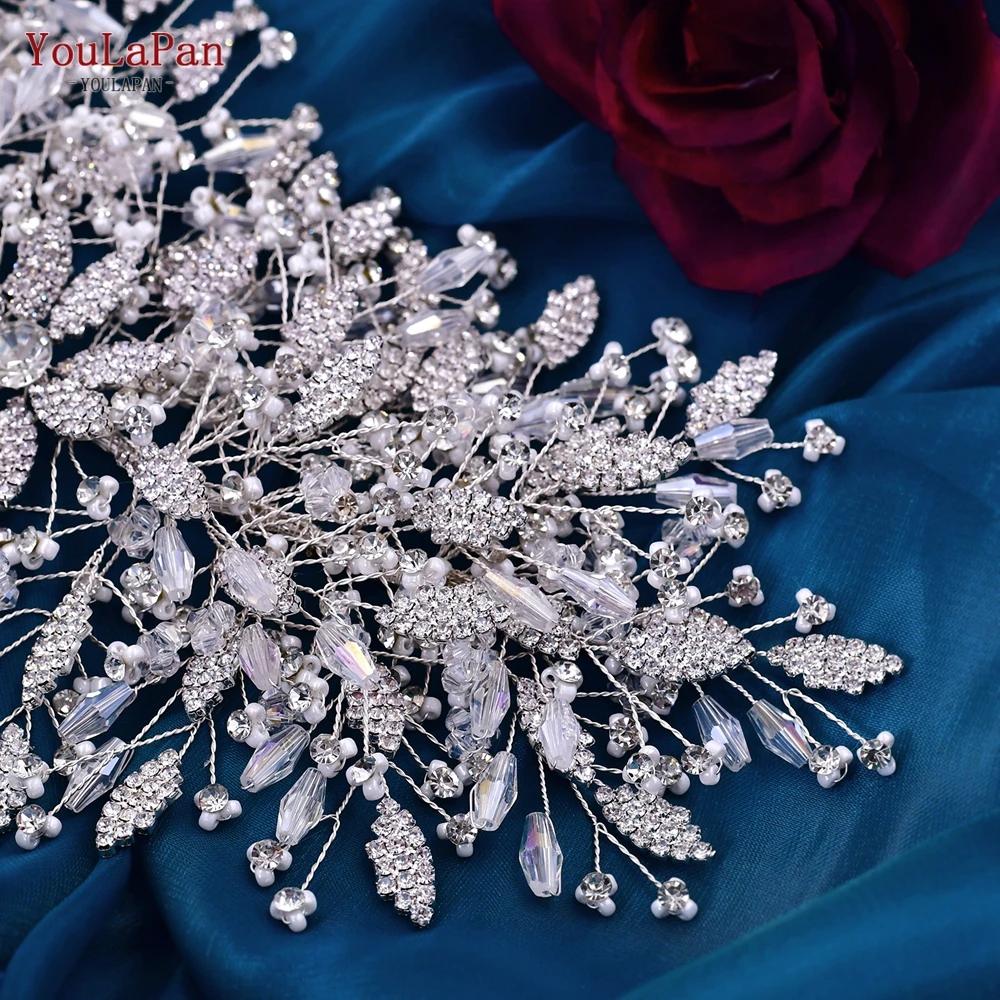 YouLaPan HP377 Golden Wedding Hair Accessories Alloy Leaves Bridal Tiara Crystal Side Hair Headpiece Floral Bride Crown Party