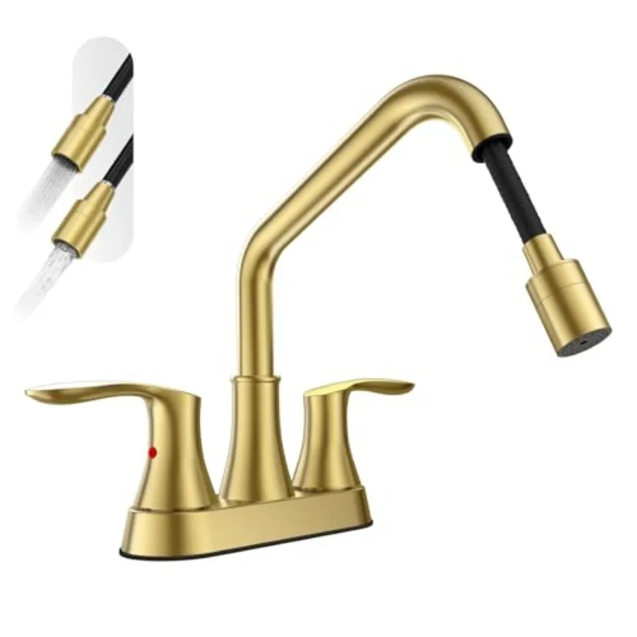 

Gold Utility Sink Faucet 3 Hole Laundry Sink Faucet with Pull Out Sprayer Long Spout Dual Handle Modern Bathroom Faucet 4 Inch