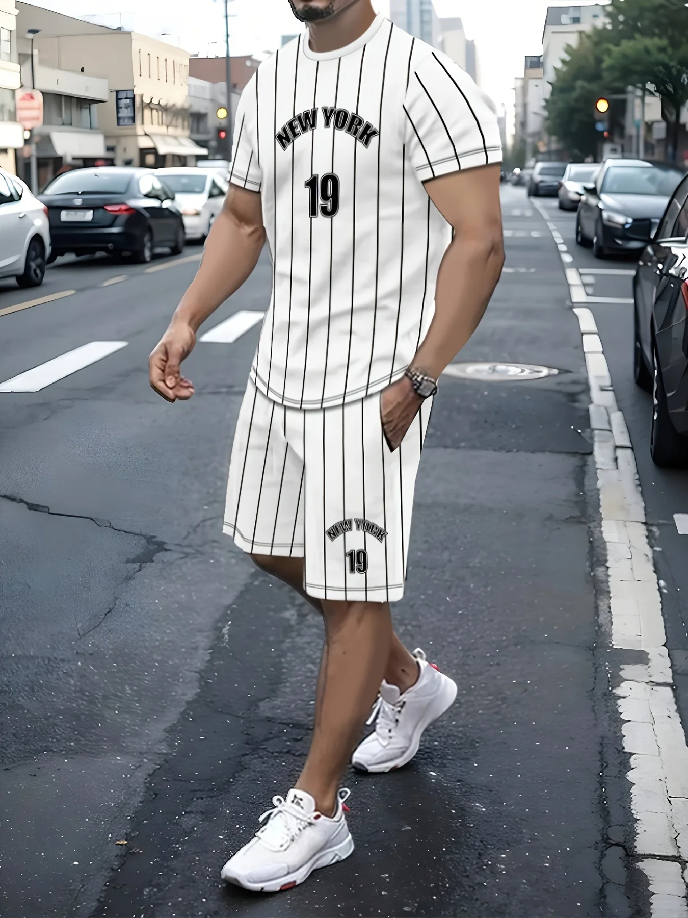

The 2025 summer new men's set features a 3D digital striped print pattern, a casual and simple style, and is a two-piece urban s