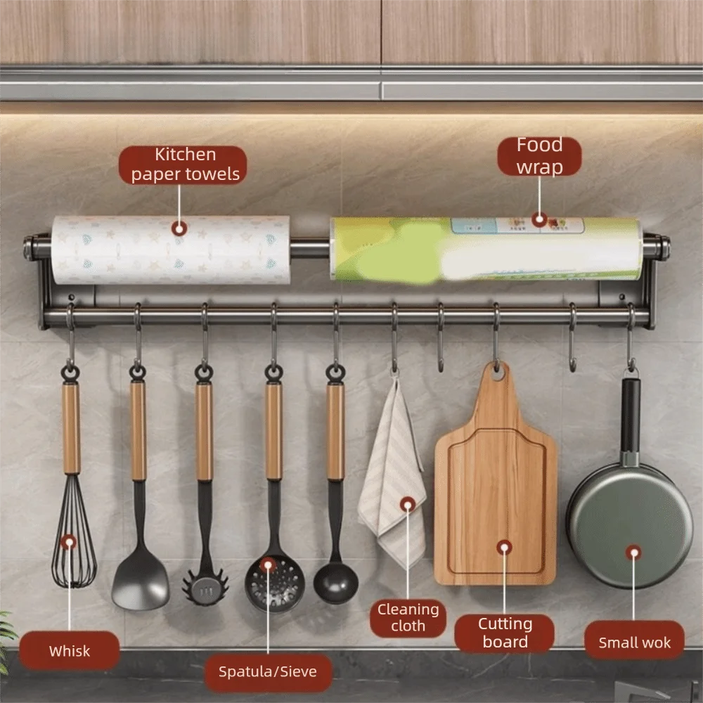 

Настенная кухонная вешалка из нержавеющей стали с подвижными крючками, большой вместимости, экономит место, для хранения кухонной утвари