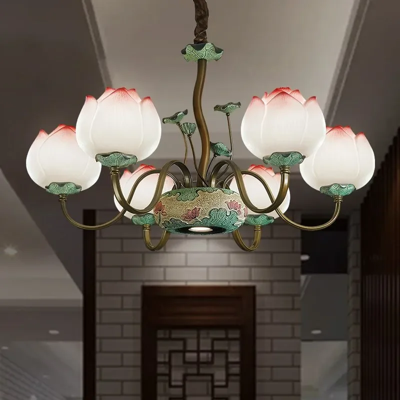 APRIL Contemporary Lotus Pendent Lamp Retro Creativity LED Living Room Restaurant Bedroom Study Villa HotelTearoom Chandelier
