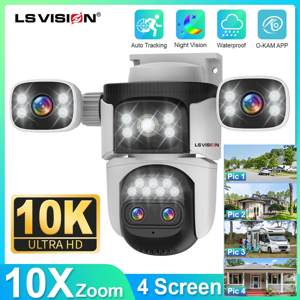 LS VISION 20MP 4*Screens Home Surveillance Wifi Camera 10X Zoom Outdoor Surveillance Camera Ip PTZ Auto Tracking Security Cctv