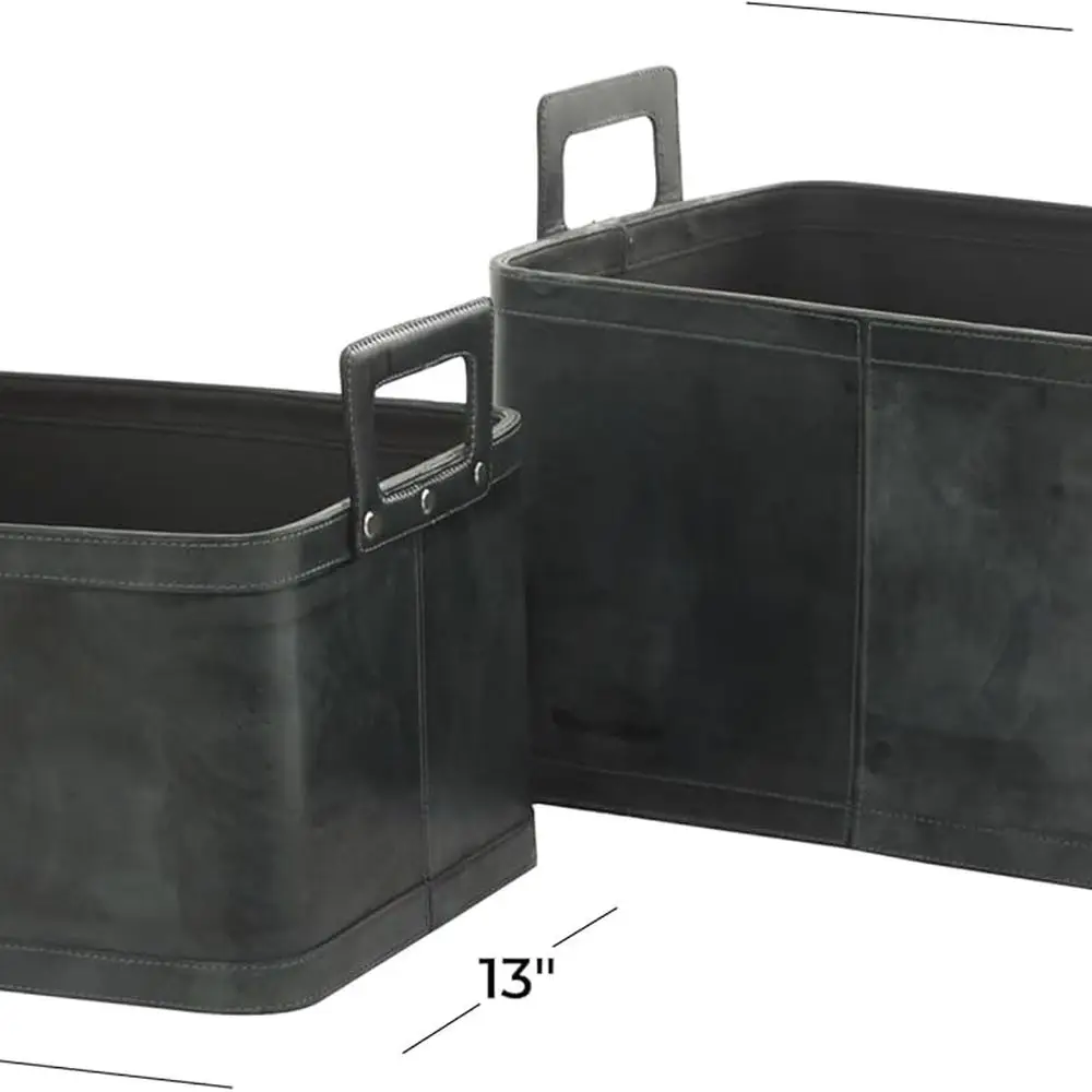 Set of 2 Dark Blue Leather Storage Baskets with Handles, 19 x 17