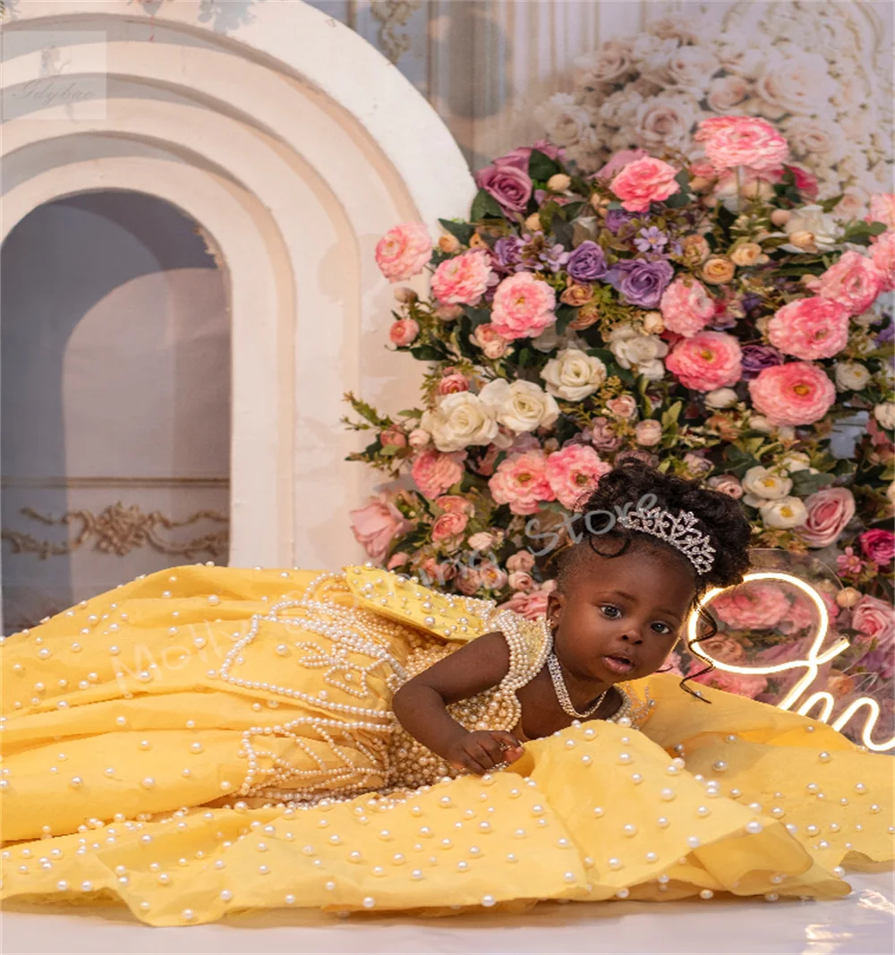 Luxury Princess-style Flower Girl Dress with Pearl-decorated Bow Perfect for Weddings Birthdays and Fancy Evening Events