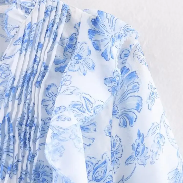 

JNLEAOG осенняя новая женская многослойная декоративная блузка с принтом, свободная посадка-фонарь Sve V-Ne, длинная блузка из полиэфирного волокна