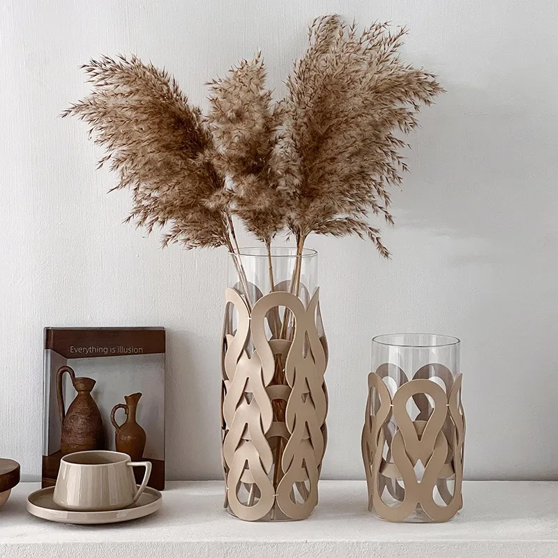 Knitted Leather Hollow Glass Vase, Straight Tube Glass Vase