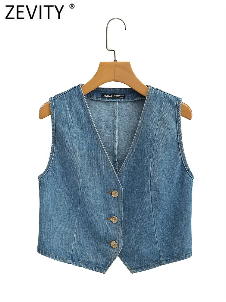 

Zevity Women Classic V Neck Sleeveless Short Denim Vest Jacket Ladies Retro Buttons Cardigan WaistCoat Crop Tops CT6321