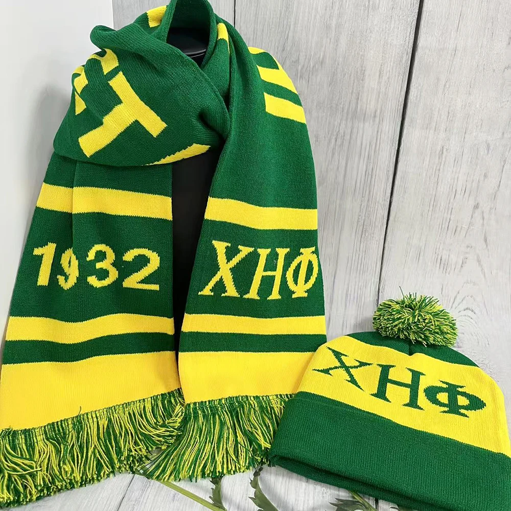 Chi Eta Phi Greek Letter 1932 Sorority sisters Party Winter Yellow Green Scarf Hat Set