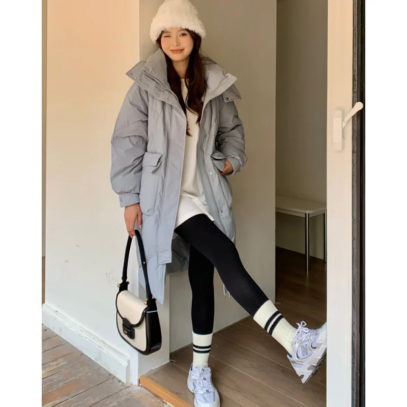 Women Yellow Medium Length Down Jacket Hooded Coat Fashion Windproof Thicken Duck Down Feather Female Puffer Winter Outwear