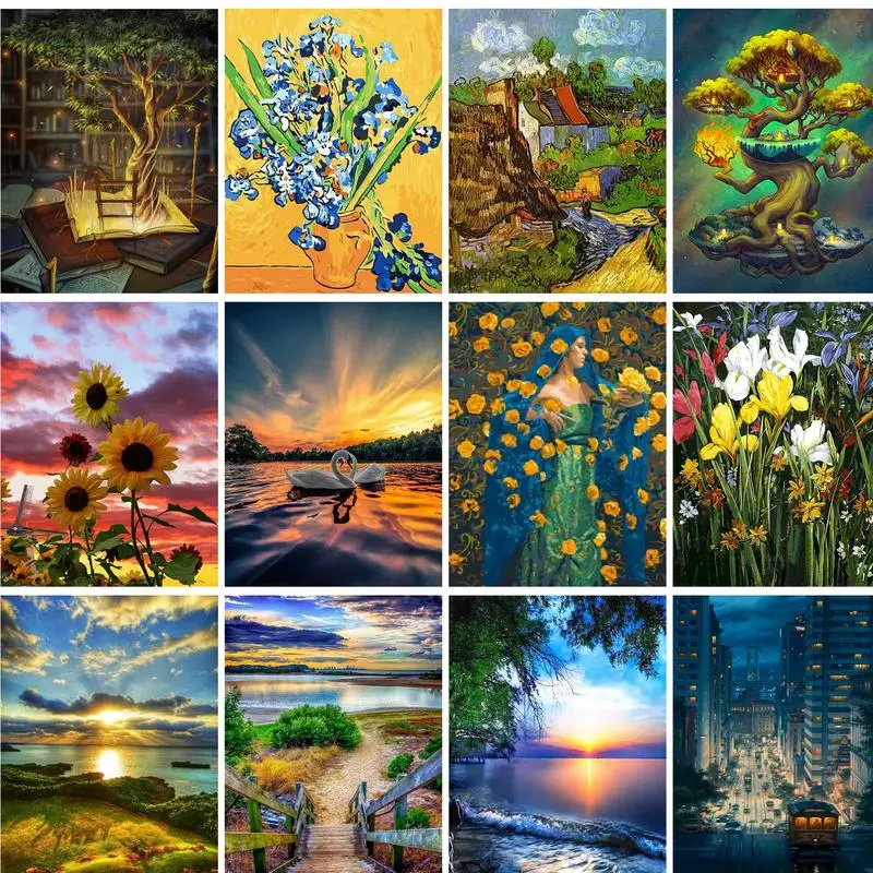GatyzQuantité-Peinture acrylique par numéros pour adultes, kits de fleurs, paysage, art mural moderne, image pour la décoration de la maison, bricolage, artisanat