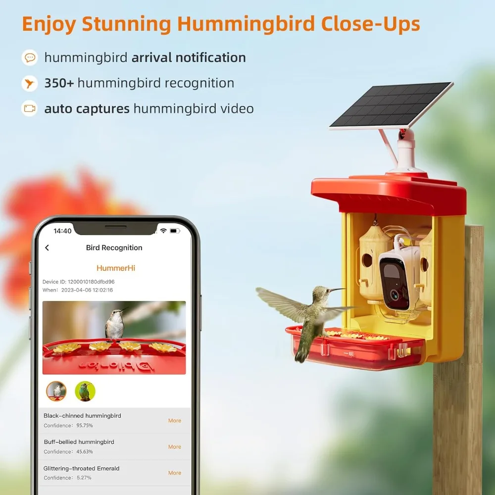 

Smart Hummingbird Feeder with Camera Solar Powered Only 2.4G WiFi Compatible, Lifetime Free AI Hummingbird Feeder Camera