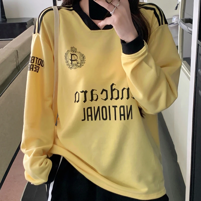 

American Retro Women Long Sleeve Sweatshirts Casual All Match Loose Three Bars Tees Female Spring Autumn Letter Embroidery Tops