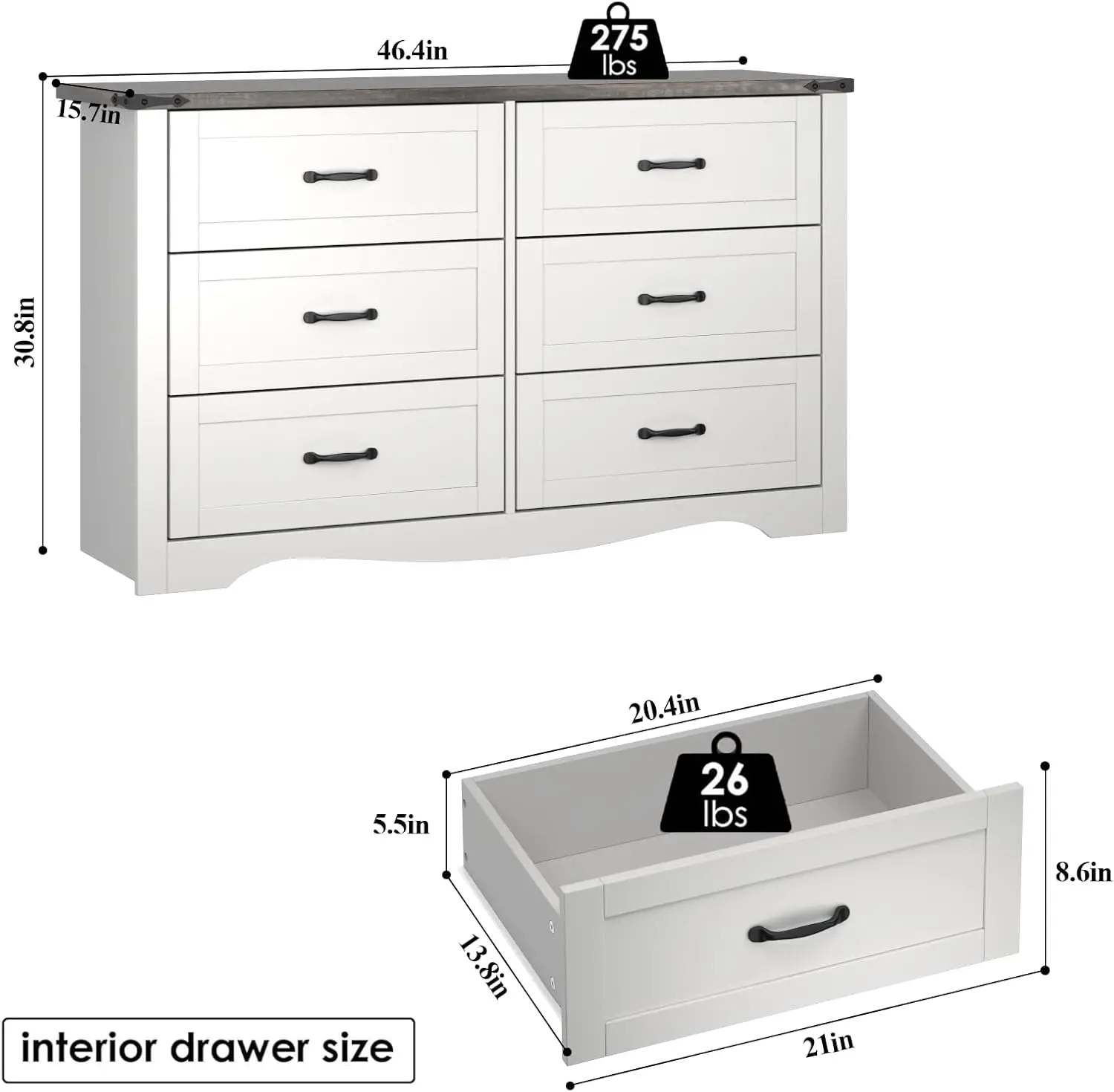 Farmhouse 6 Drawers Double Dresser for Bedroom, Modern White Dresser Chest of Drawers, Wide Dressers Organizer, Accent Storage C