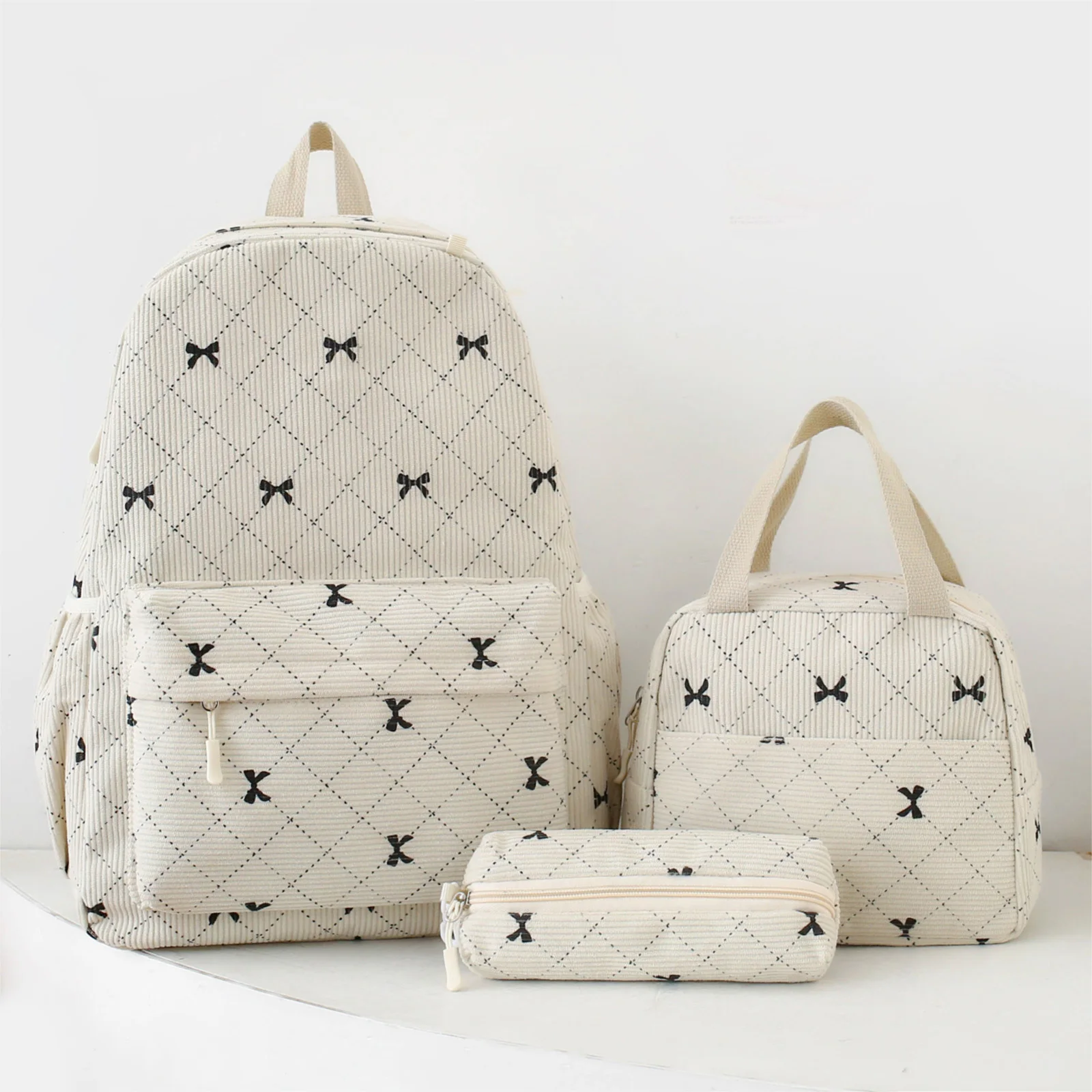Corduroy Cute Bow Backpack with Lunch Bag & Aesthetic Backpack for Women Women Casual High- College