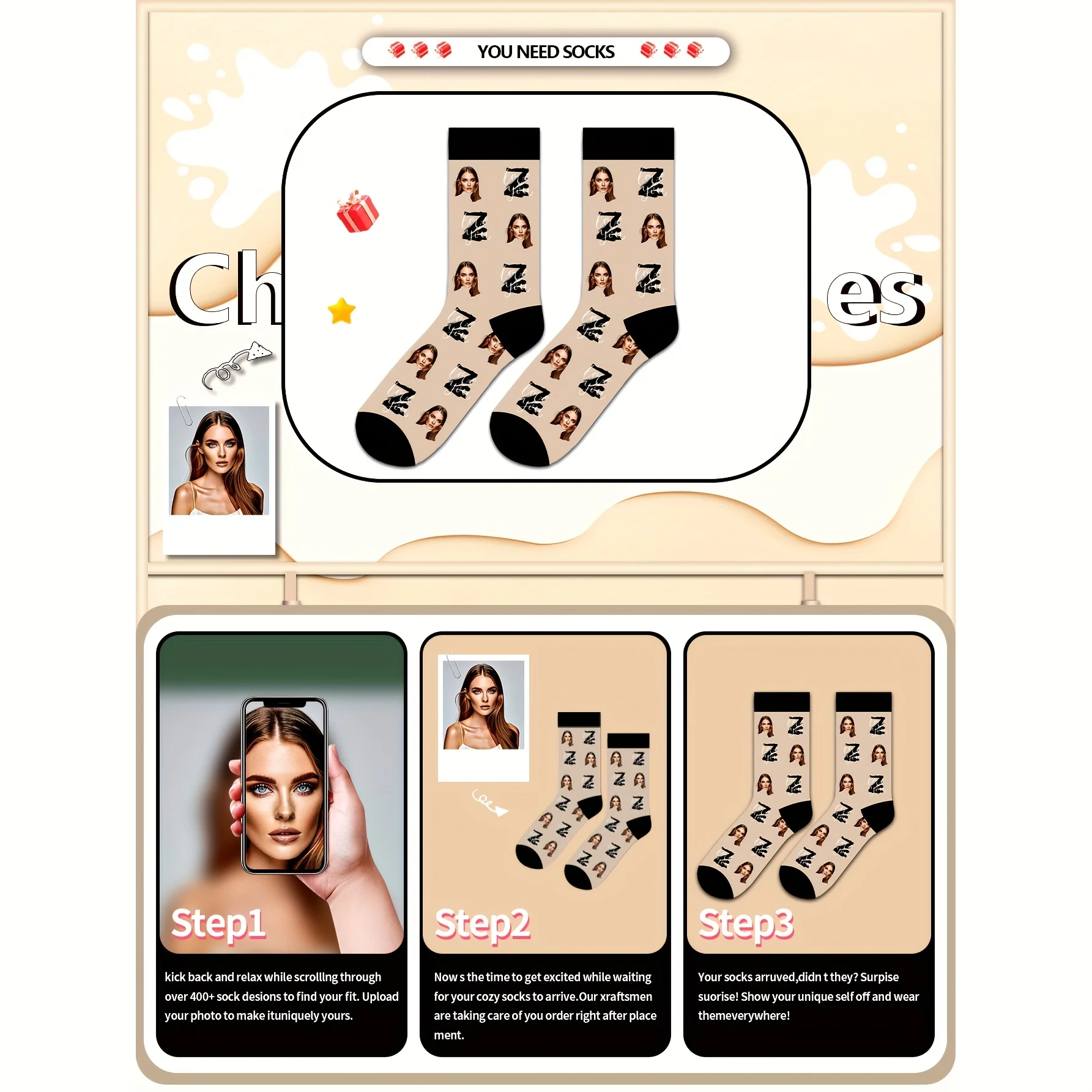 1 pair (single and double packaging) personalized photo couple customized socks-socks with customizable head, printed with your