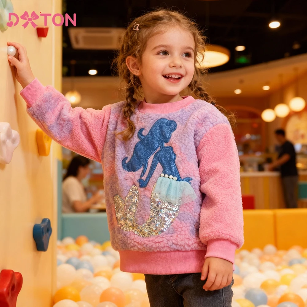 DXTON Girls Thicken Tops Polar Fleece Warm Children Outerwear Outfits Sequin Mermaid Applique Toddler Pullover Sweatshirt 3-12Y