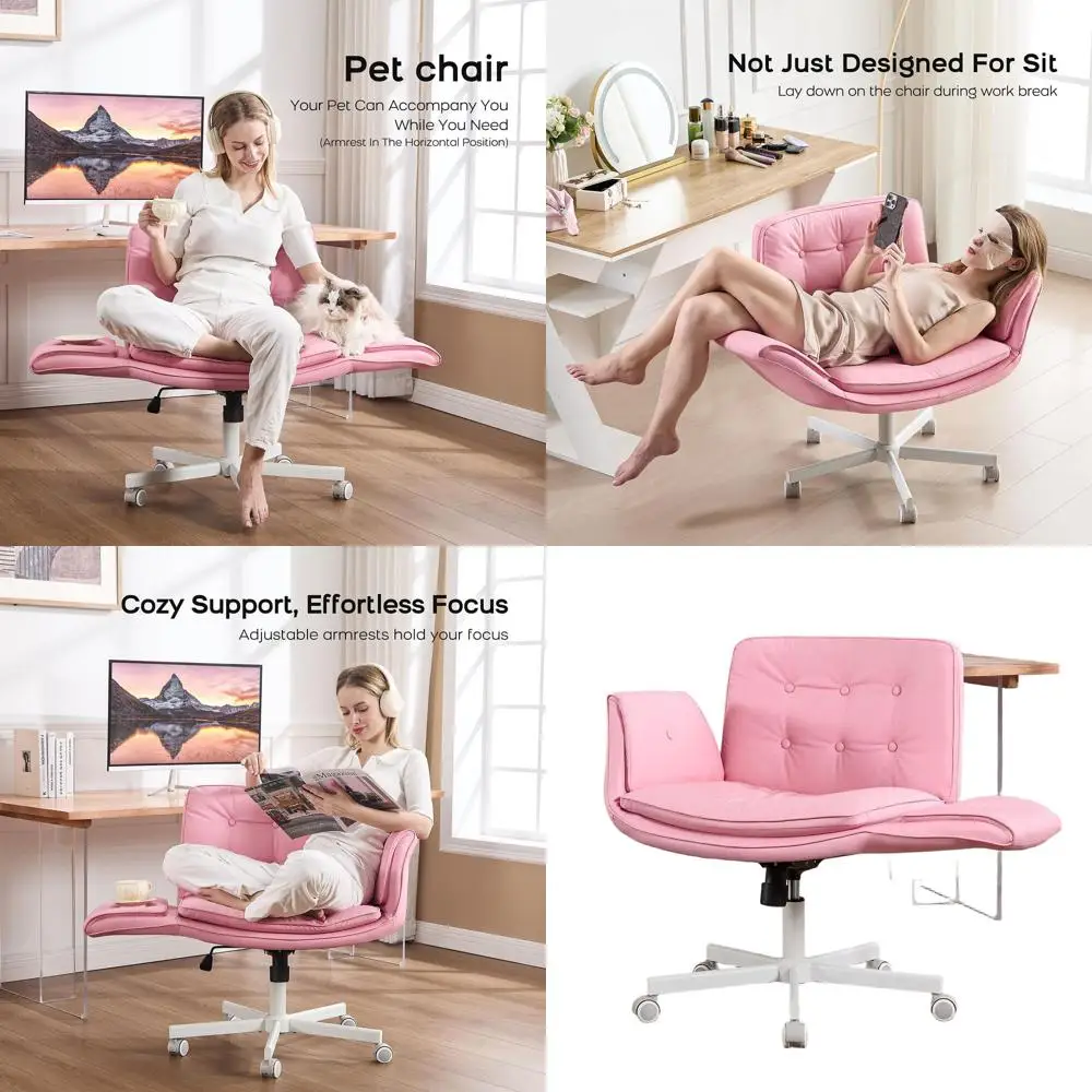 

Мягкое поворотное офисное кресло с подлокотниками и колесиками, идеально подходит для офиса, макияжа или спальни, из розовой искусственной кожи.