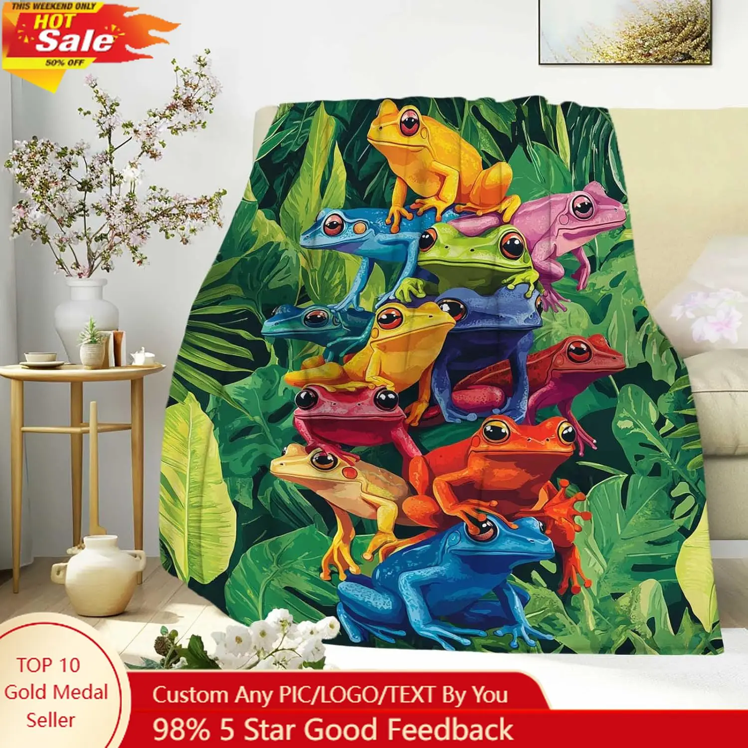 

Tropical Rainforest Frog Throw Blanket, Colorful Cozy Fleece Exotic Jungle Animal Decor Soft Warm Blanket Custom blankets