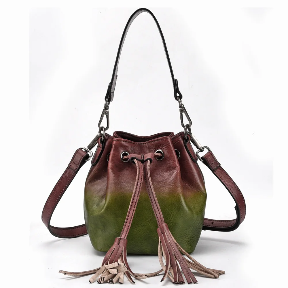 Johnature 2024 New Vintage Cowhide Multifunctional Women Small Bag Fashion Bucket Genuine Leather Tassel Shoulder&crossbody Bags