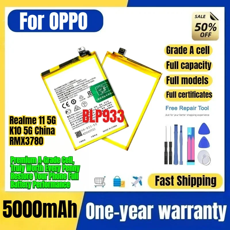 BLP933 for OPPO Realme 11 5G/K10 5G China/RMX3780 Phone Battery High Capacity Battery Replacement Bateria Grade A Cell with Tool