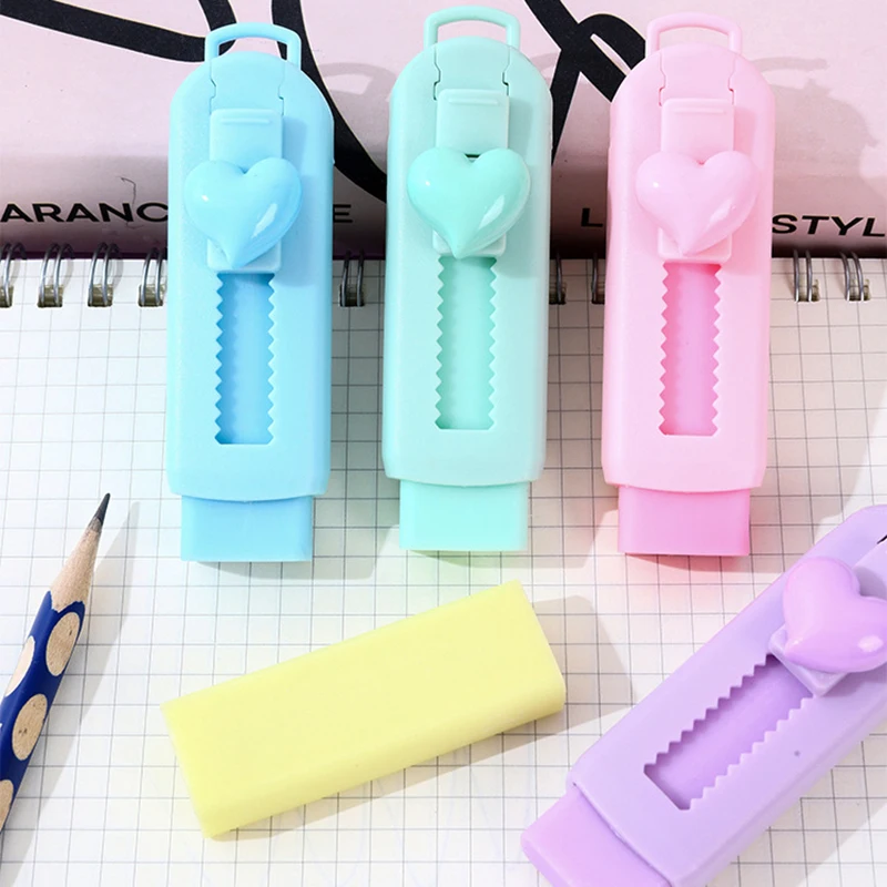 Retractable Push-pull Eraser Portable Solid Color Heart Rubber Without Trace For Students Stationery School Supplies Accessories