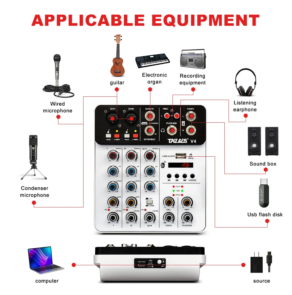 TKL 4 Channels Audio Mixer Bluetooth USB Record Computer 48V Phantom Power Delay Repaeat Effect Sound Mixing Console