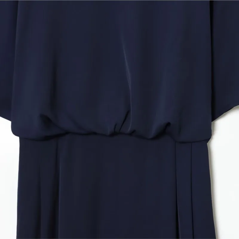 Fallen Shoulder Sleeves Pleated Midi Dress Women Autumn Casual Fashion Office Lady Slimming  Rear Fork Solid Dress