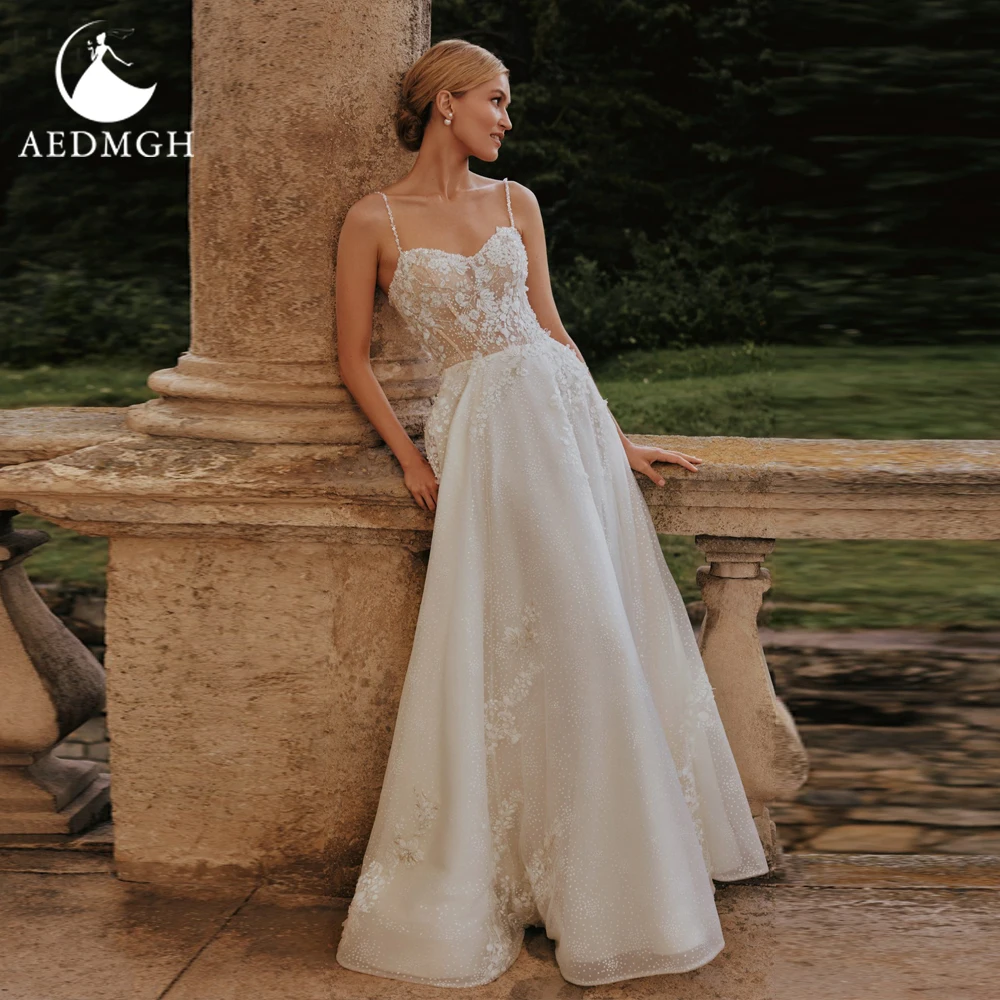 Aedmgh-Vestido De Novia elegante con tirantes finos, traje De tul con apliques De cuentas y encaje, corte en A, 2024