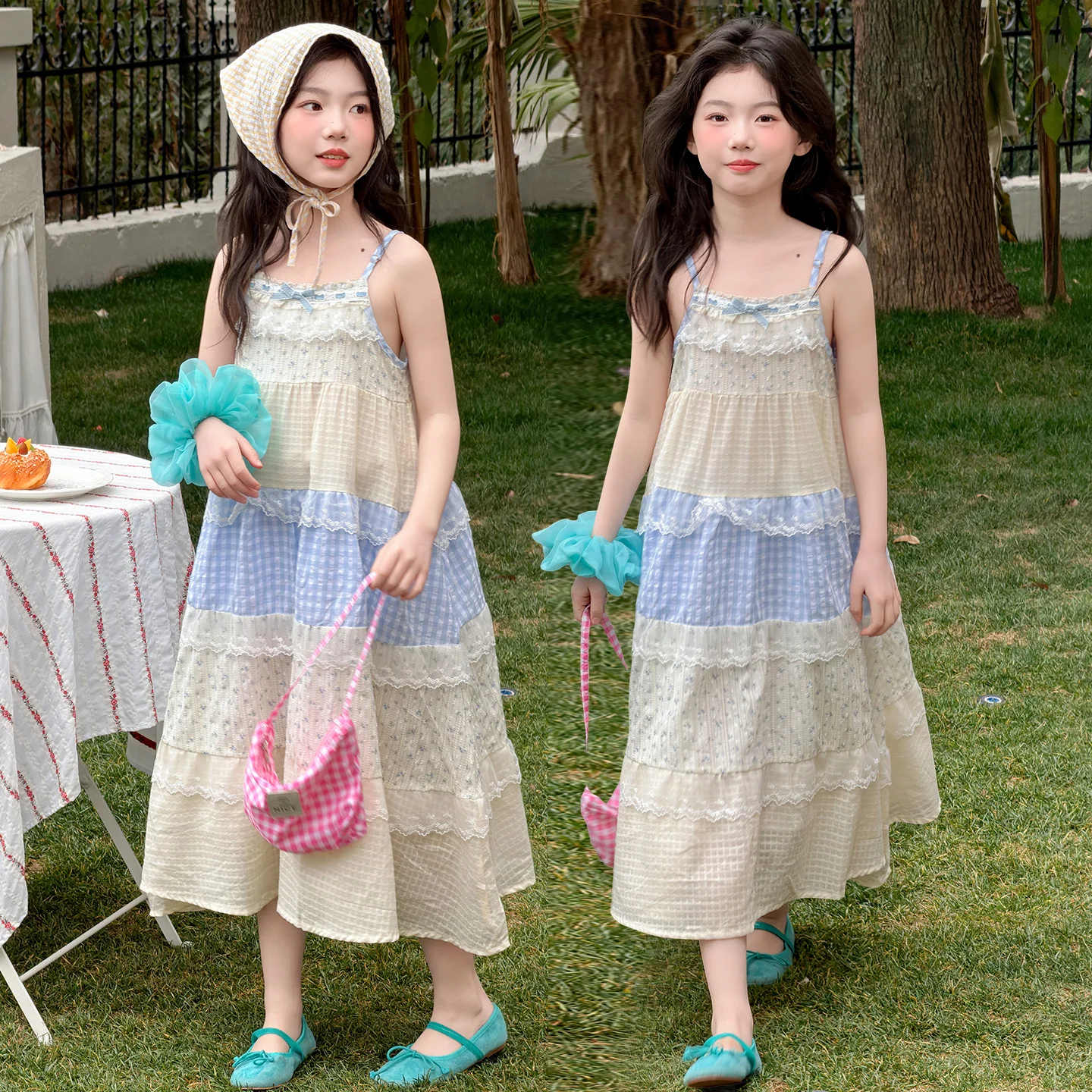 Little Girls Sweet Dress Tiered Cake Spaghetti Strap Maxi Dress Sleeveless Plaid Ruffle Spliced Beach Holiday Outfits for Kids