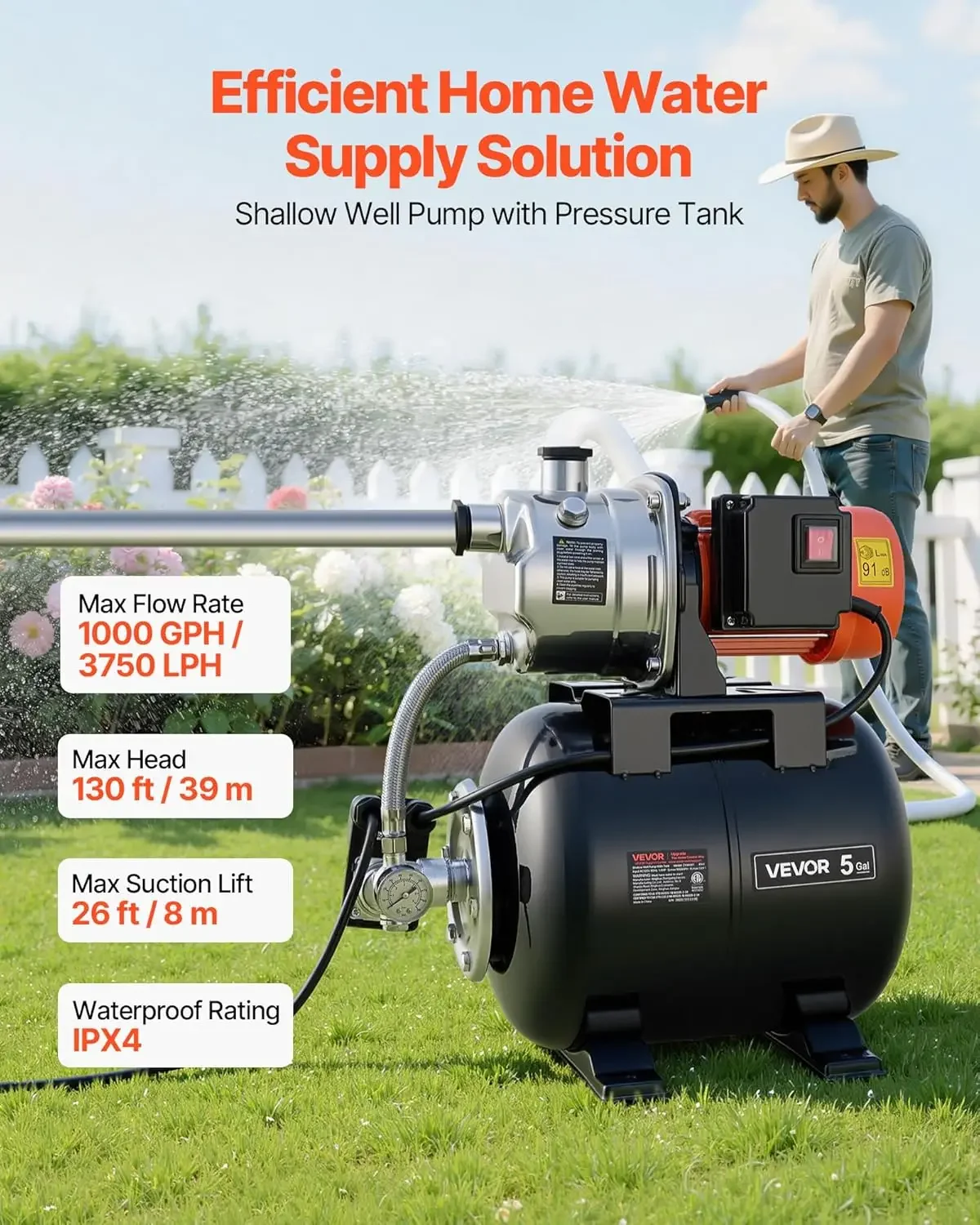 1 HP Shallow Well Pump with Pressure Tank, 120V 1000 GPH, Stainless Steel Irrigation Jet Pump with 5-Gal Tank, Automatic Water B